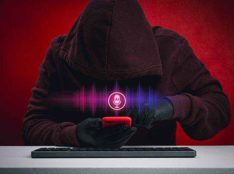 shutterstock_2769867447-1777716830 AI voice scam and phishing concept with hooded hacker using smartphone and soundwave interface. Deepfake voice fraud, impersonation, identity theft and cybersecurity risk in digital communication.