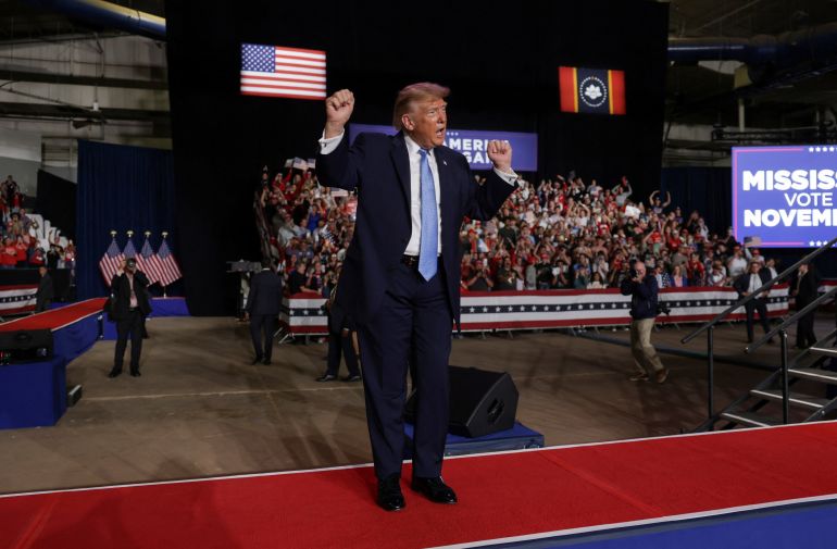 US President Donald Trump dances as he leaves the stage after delivering remarks to supporters at a midterm election campaign rally for incumbent US Senator Cindy Hyde-Smith (R-MS) at an arena in Corinth, Mississippi, US, October 26, 2026. REUTERS/Jonathan Ernst